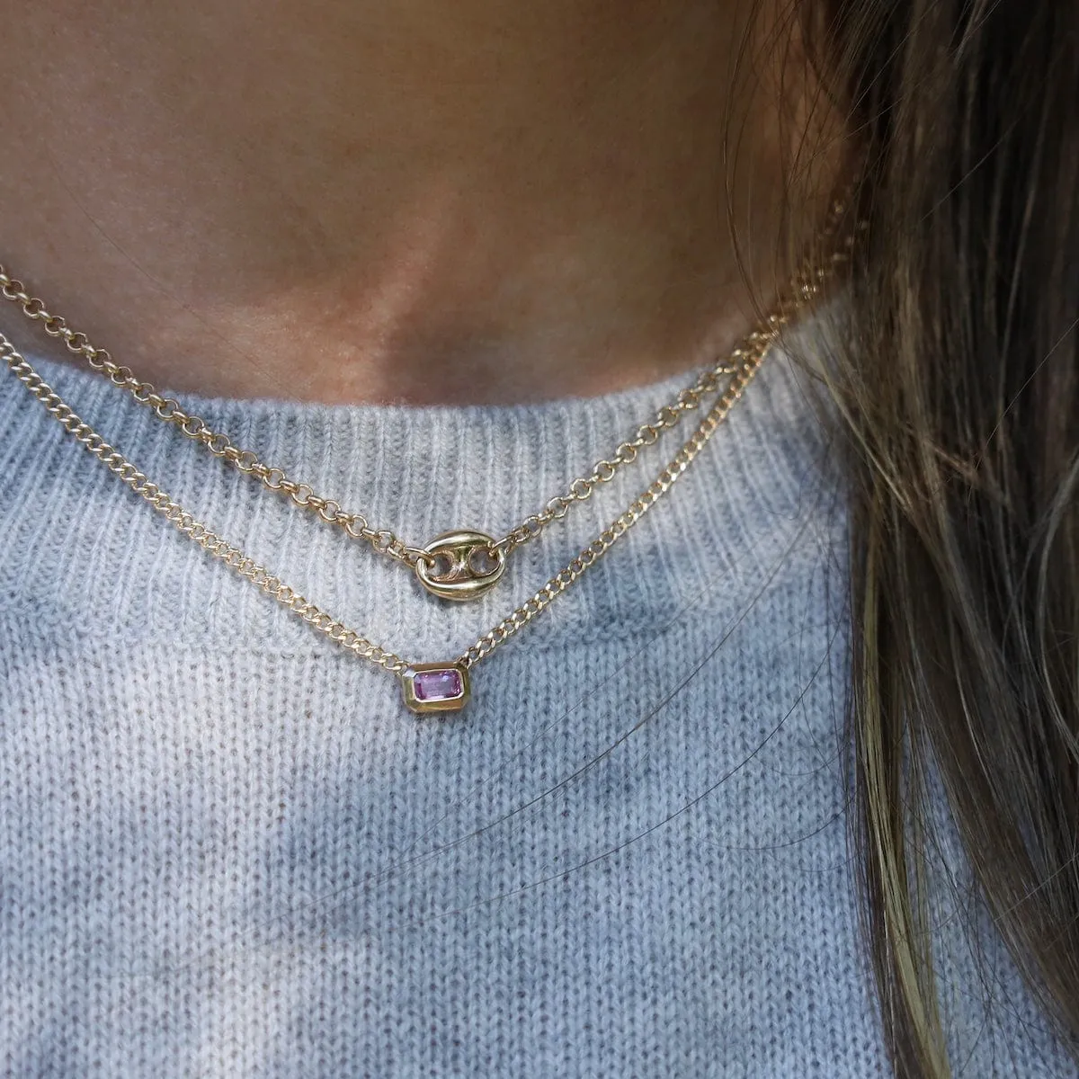 14k Emerald Cut Pink Sapphire Bezel Curb Chain Necklace