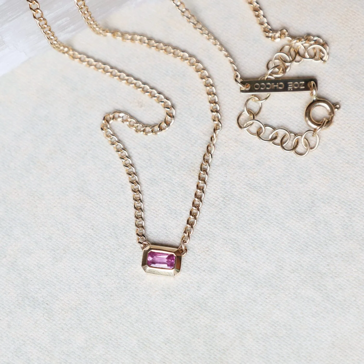 14k Emerald Cut Pink Sapphire Bezel Curb Chain Necklace
