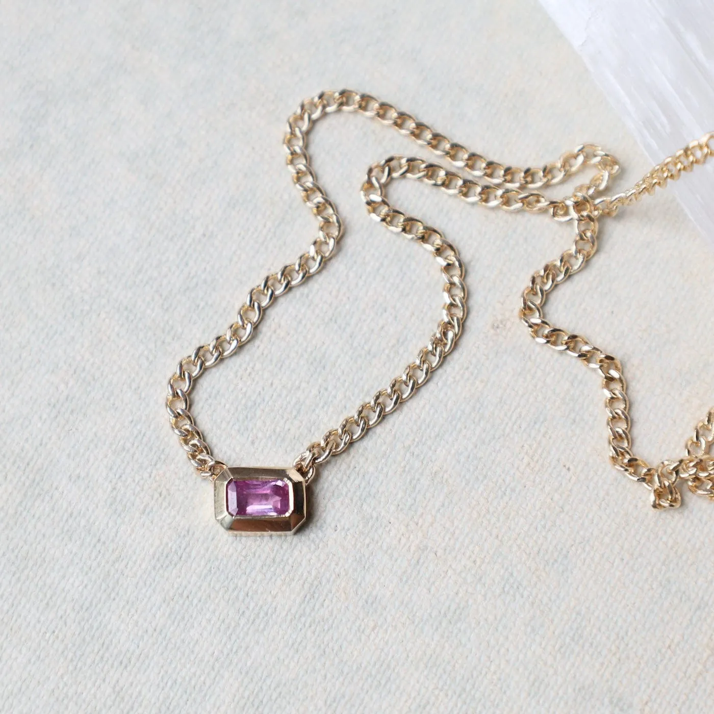 14k Emerald Cut Pink Sapphire Bezel Curb Chain Necklace