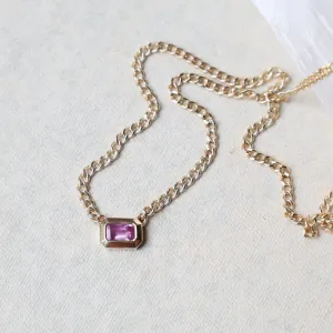 14k Emerald Cut Pink Sapphire Bezel Curb Chain Necklace