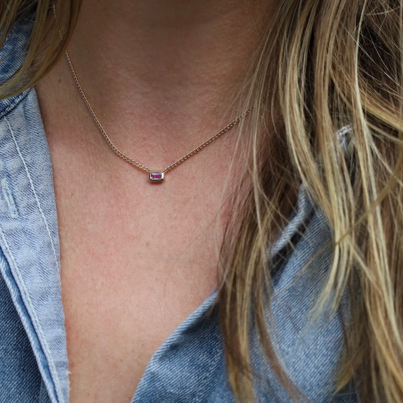 14k Emerald Cut Pink Sapphire Bezel Curb Chain Necklace
