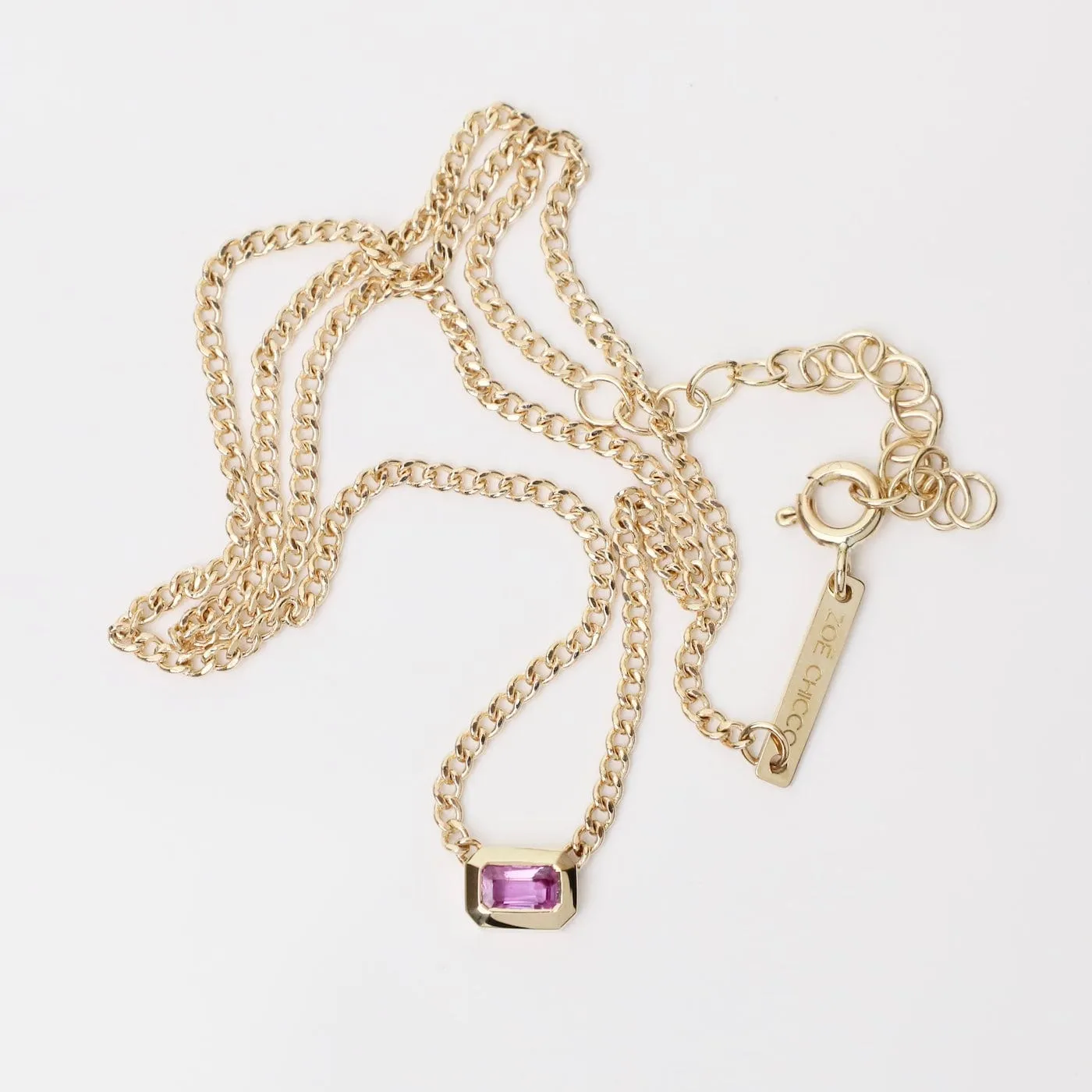 14k Emerald Cut Pink Sapphire Bezel Curb Chain Necklace