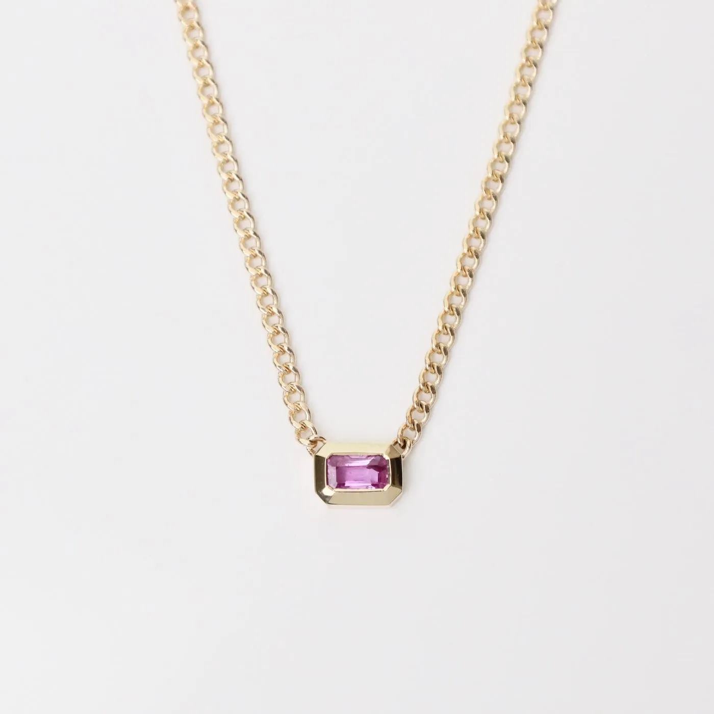 14k Emerald Cut Pink Sapphire Bezel Curb Chain Necklace