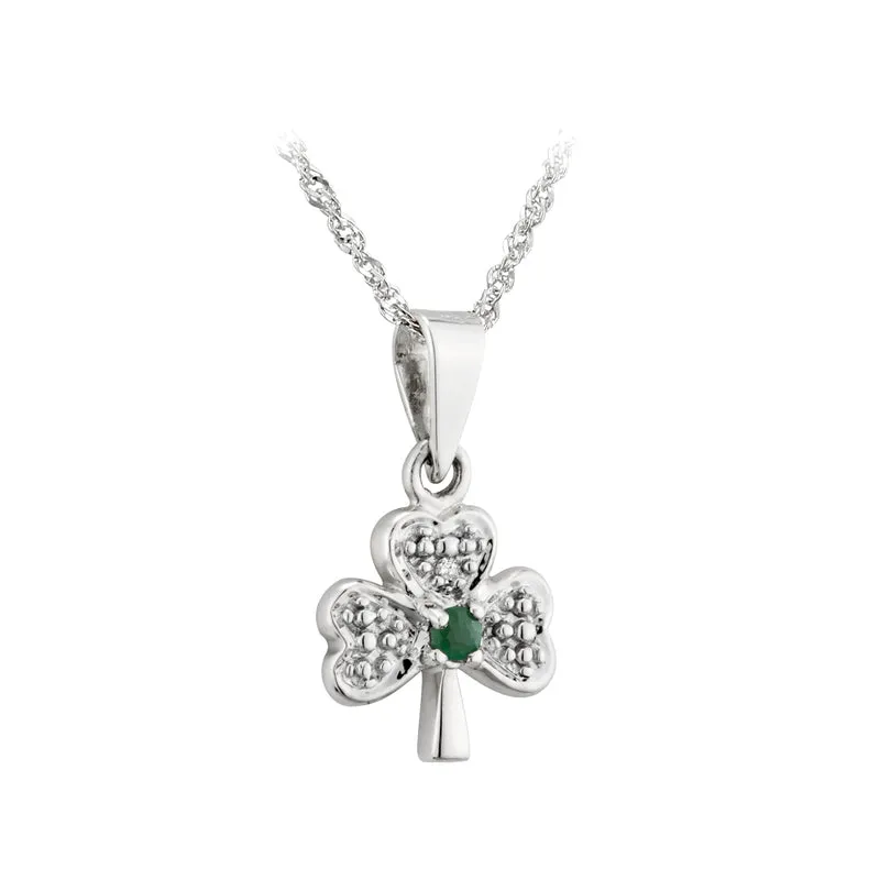 14K White Gold Diamond & Emerald Shamrock Pendant