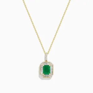 14K Yellow Gold Baguette Diamond Halo Emerald Pendant