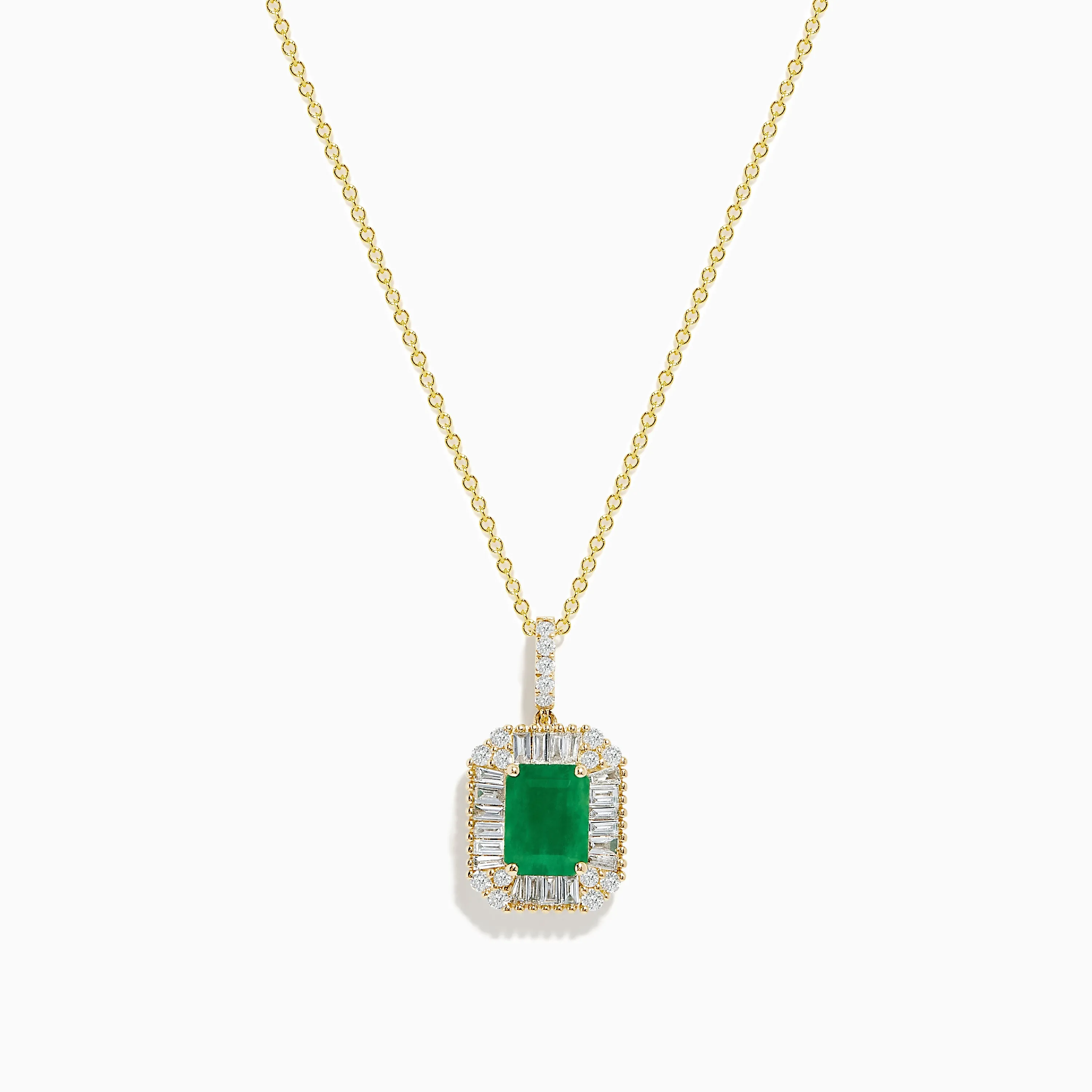 14K Yellow Gold Baguette Diamond Halo Emerald Pendant