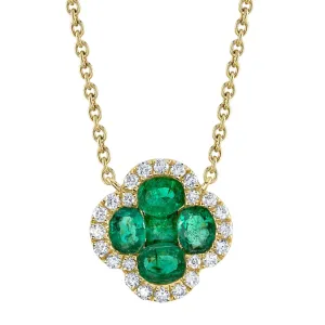 14K Yellow Gold Emerald Diamond Clover Pendant Necklace