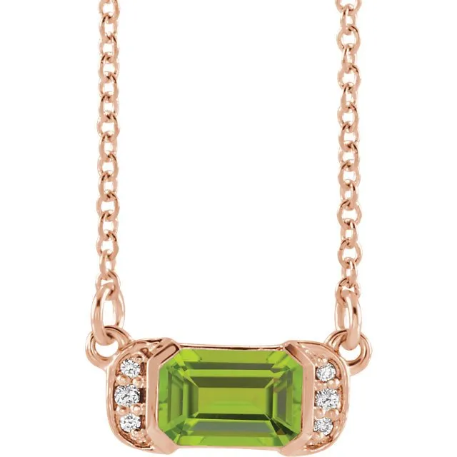 14KT GOLD 0.70 CT PERIDOT & .04 CTW DIAMOND ACCENT BAR NECKLACE