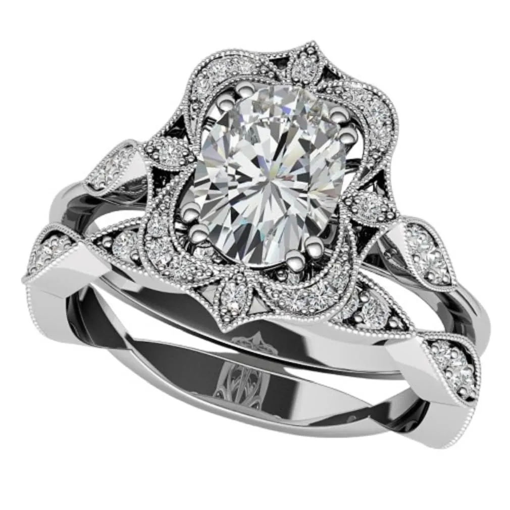 2 CT Oval Cut Moissanite Engagement Ring Set For Women Wedding Bridal Sets Antique Vintage Style Halo 925 Silver 10K 14K 18K Solid Gold Anniversary Promise Gifts