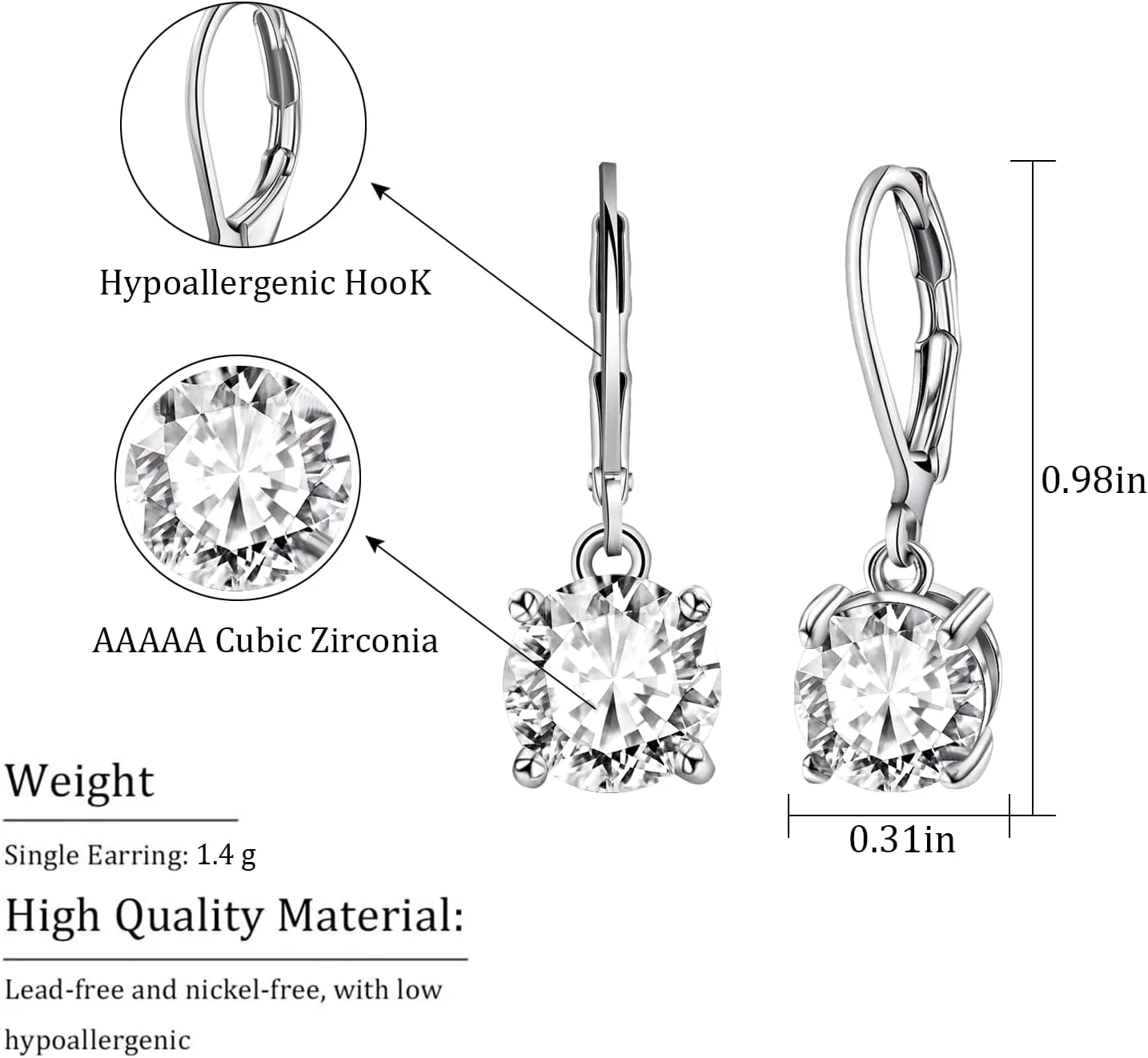 8MM Round Crystal Leverback Earrings, Vintage Style Birthstone Jewelry for Women, Sapphire, Garnet, Emerald Fashion Drop Dangle Earrings
