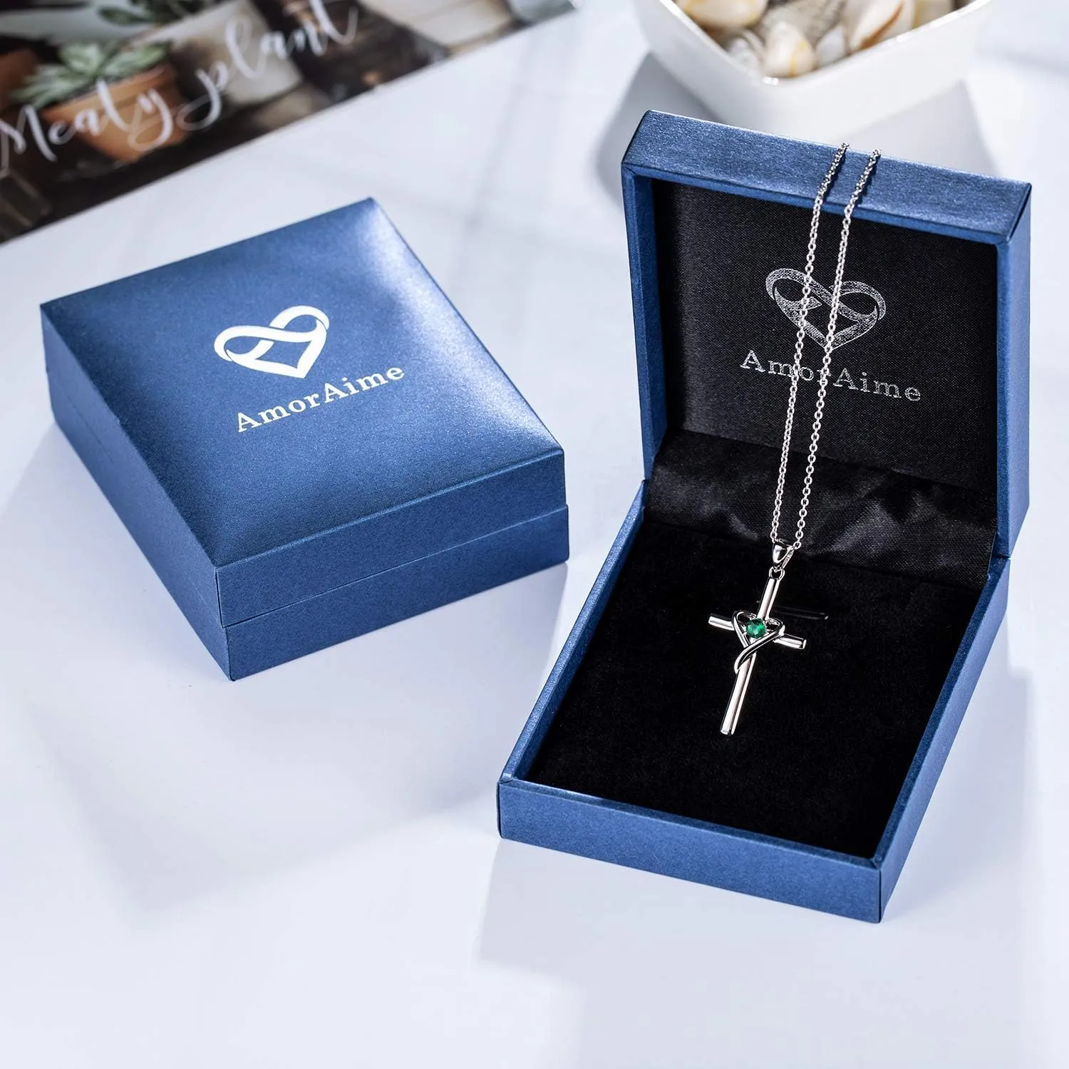 AmorAime 925 Sterling Silver Cross Necklace for Women Men 5A CZ Birthstone Necklaces 14K Gold Plated or Rose Gold Necklace for Easter or Mother's Day