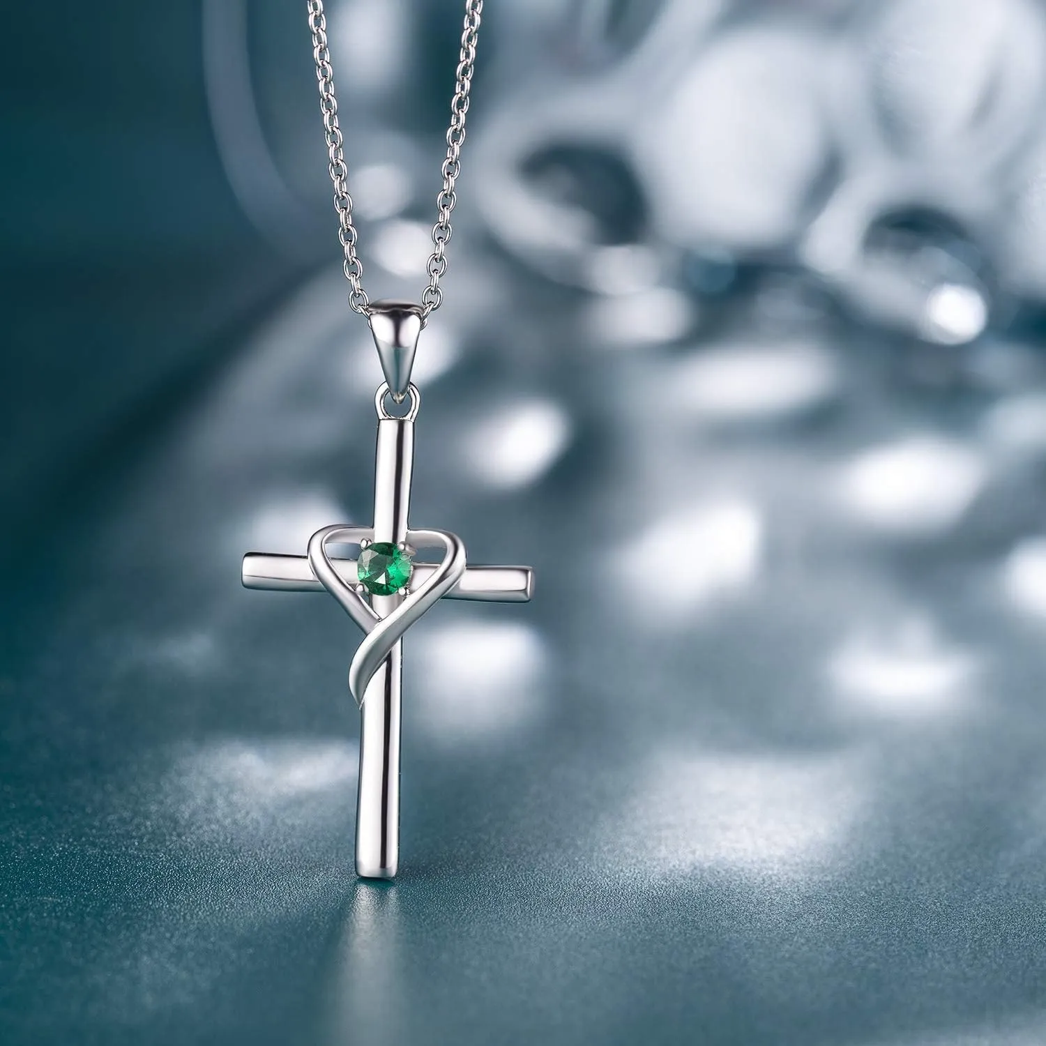 AmorAime 925 Sterling Silver Cross Necklace for Women Men 5A CZ Birthstone Necklaces 14K Gold Plated or Rose Gold Necklace for Easter or Mother's Day