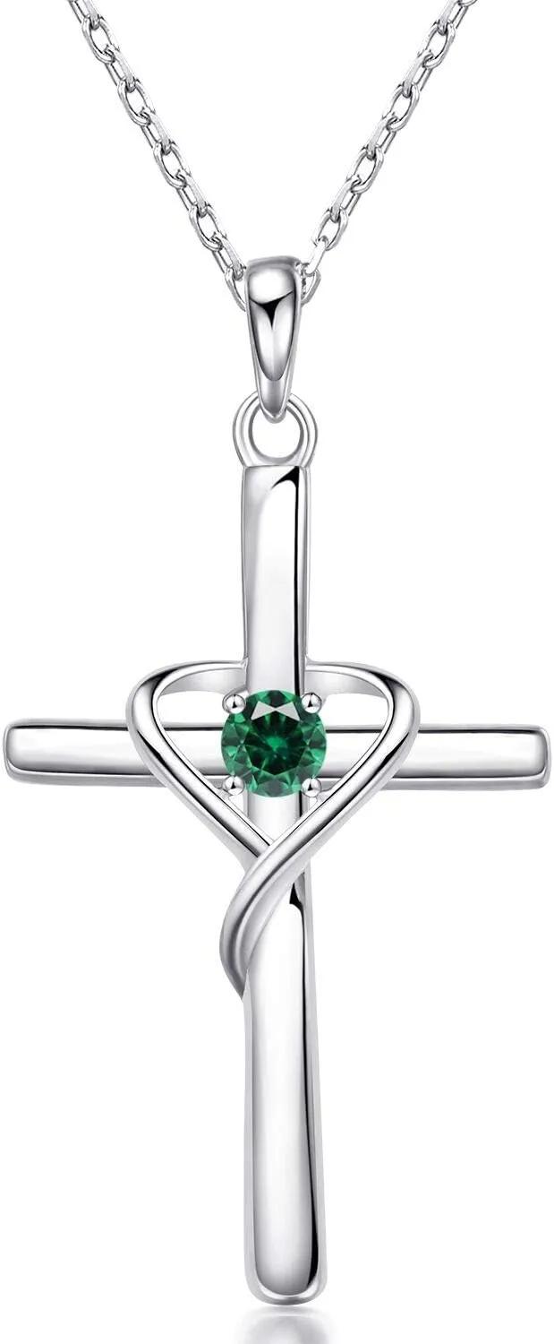 AmorAime 925 Sterling Silver Cross Necklace for Women Men 5A CZ Birthstone Necklaces 14K Gold Plated or Rose Gold Necklace for Easter or Mother's Day