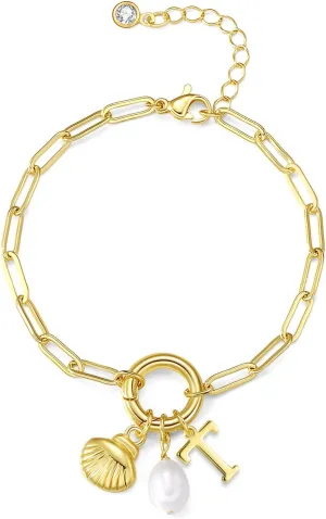 Charm Bracelets for Women - Gold Shell & Pearl Bracelets with Initial & Letter Charms