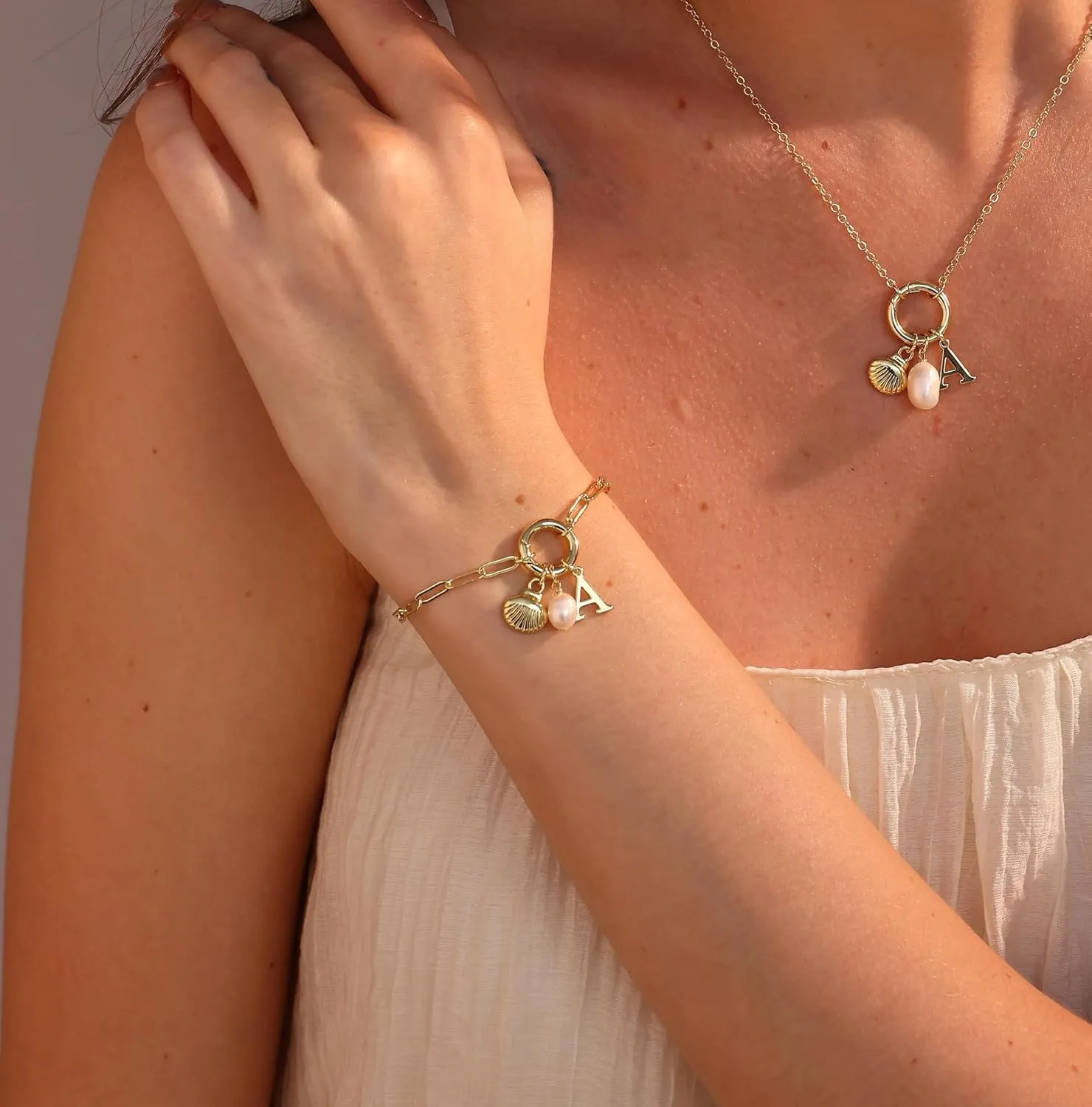 Charm Bracelets for Women - Gold Shell & Pearl Bracelets with Initial & Letter Charms