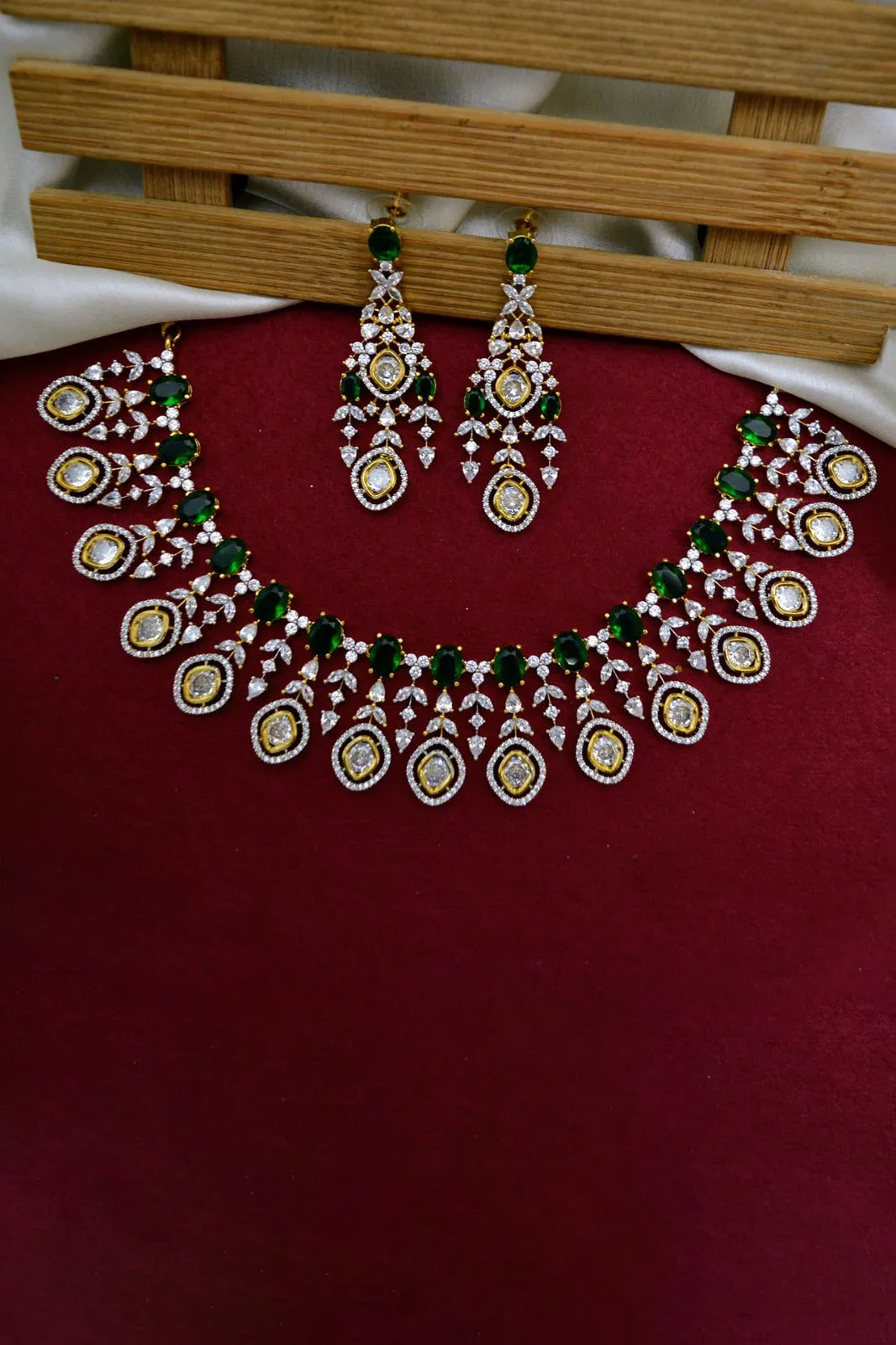 Designer Semi-Precious American Diamond Emerald Necklace with Earrings (D986)