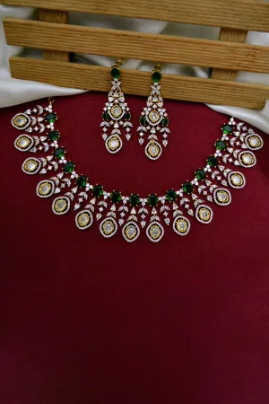 Designer Semi-Precious American Diamond Emerald Necklace with Earrings (D986)