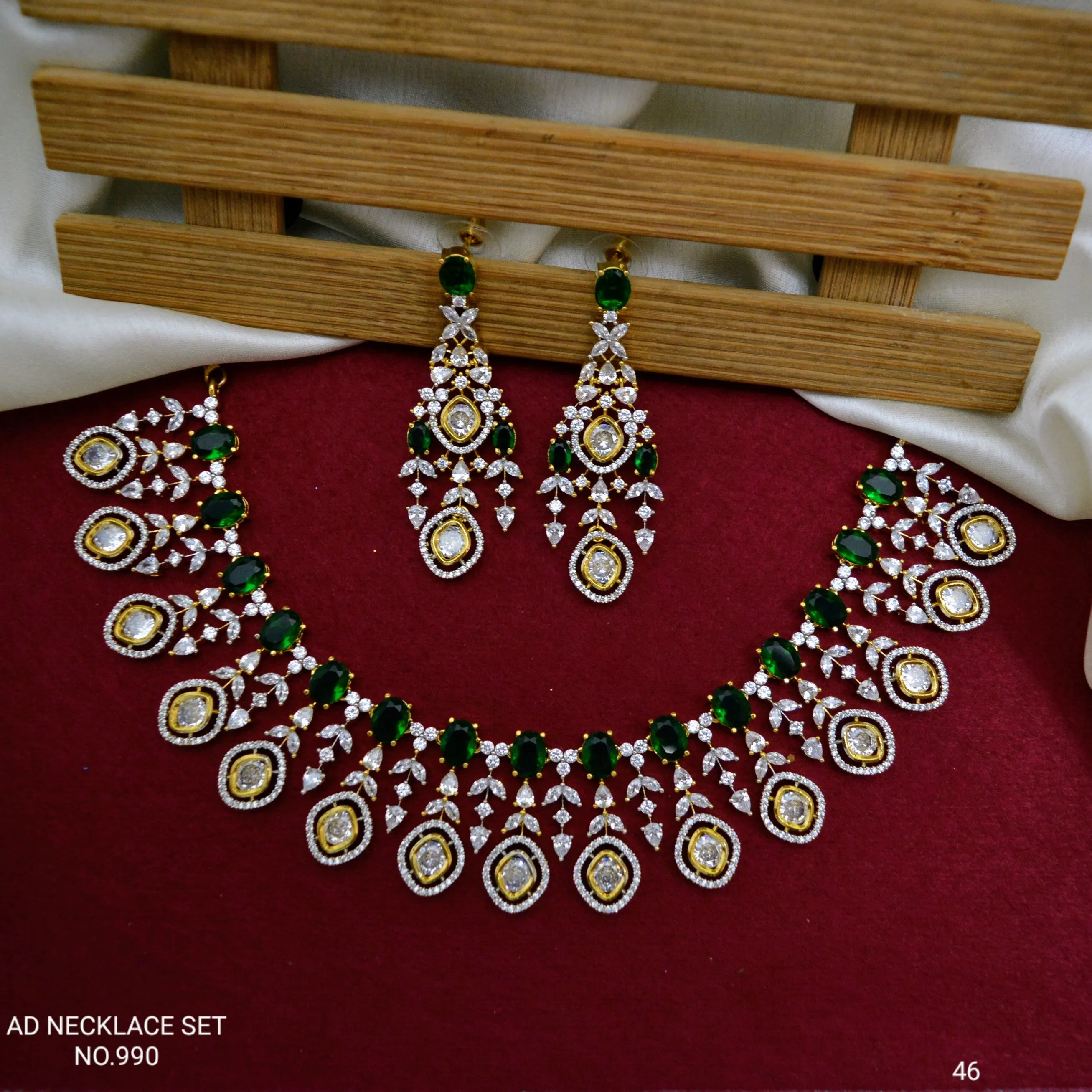 Designer Semi-Precious American Diamond Emerald Necklace with Earrings (D986)