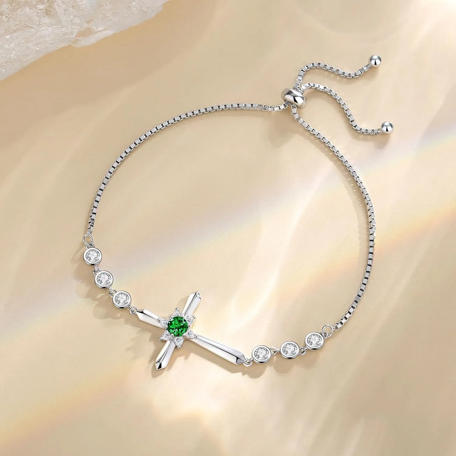 FANCIME Cross Bracelet 925 Sterling Silver Halo Birthstone Bracelet Fine Jewelry Birthday Gifts for Her Women