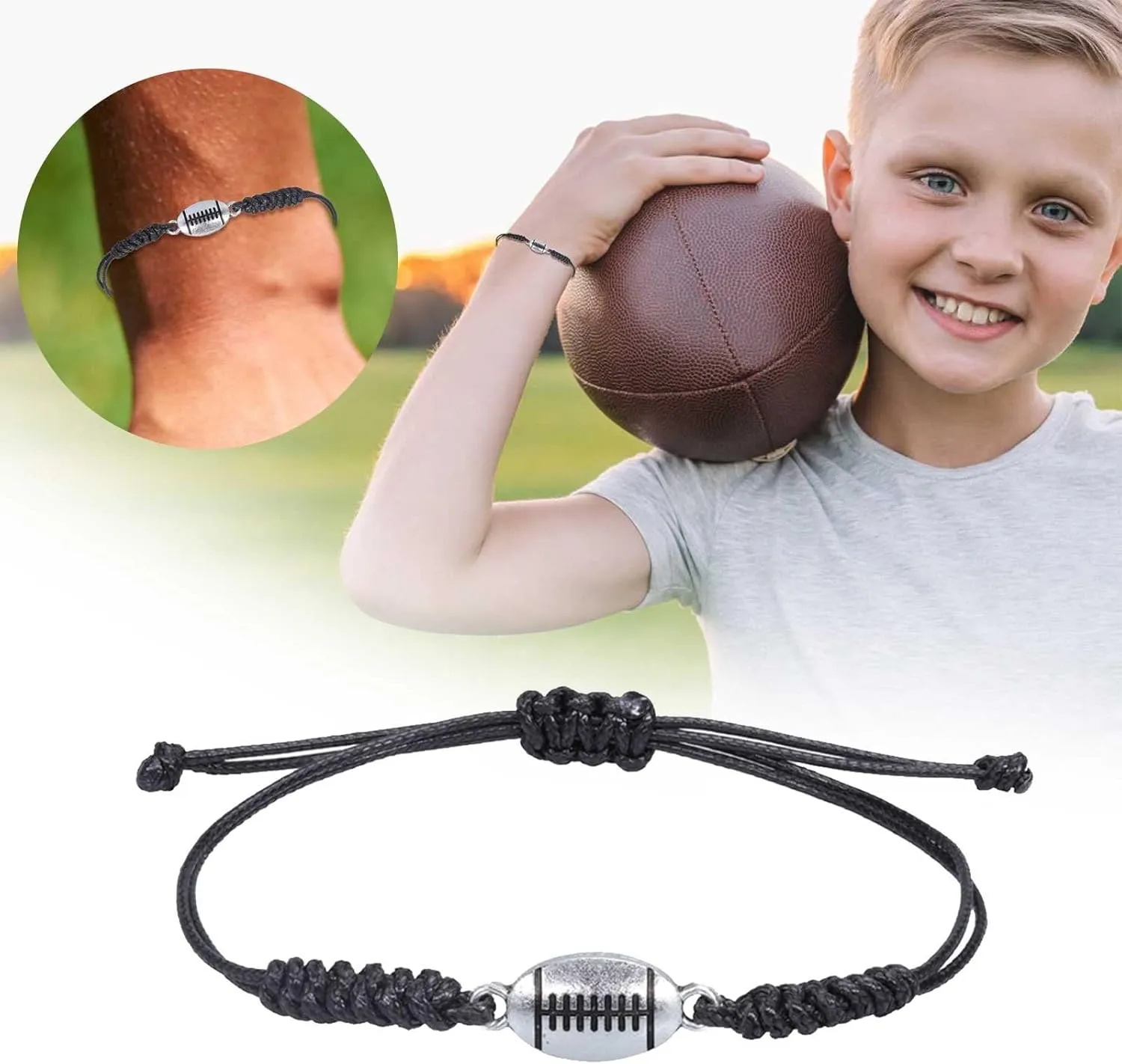 Football Bracelet, Rugby Bracelet Adjustable Paracord Charm Bracelet Unisex Football Gifts Boys Girls Youth Gift