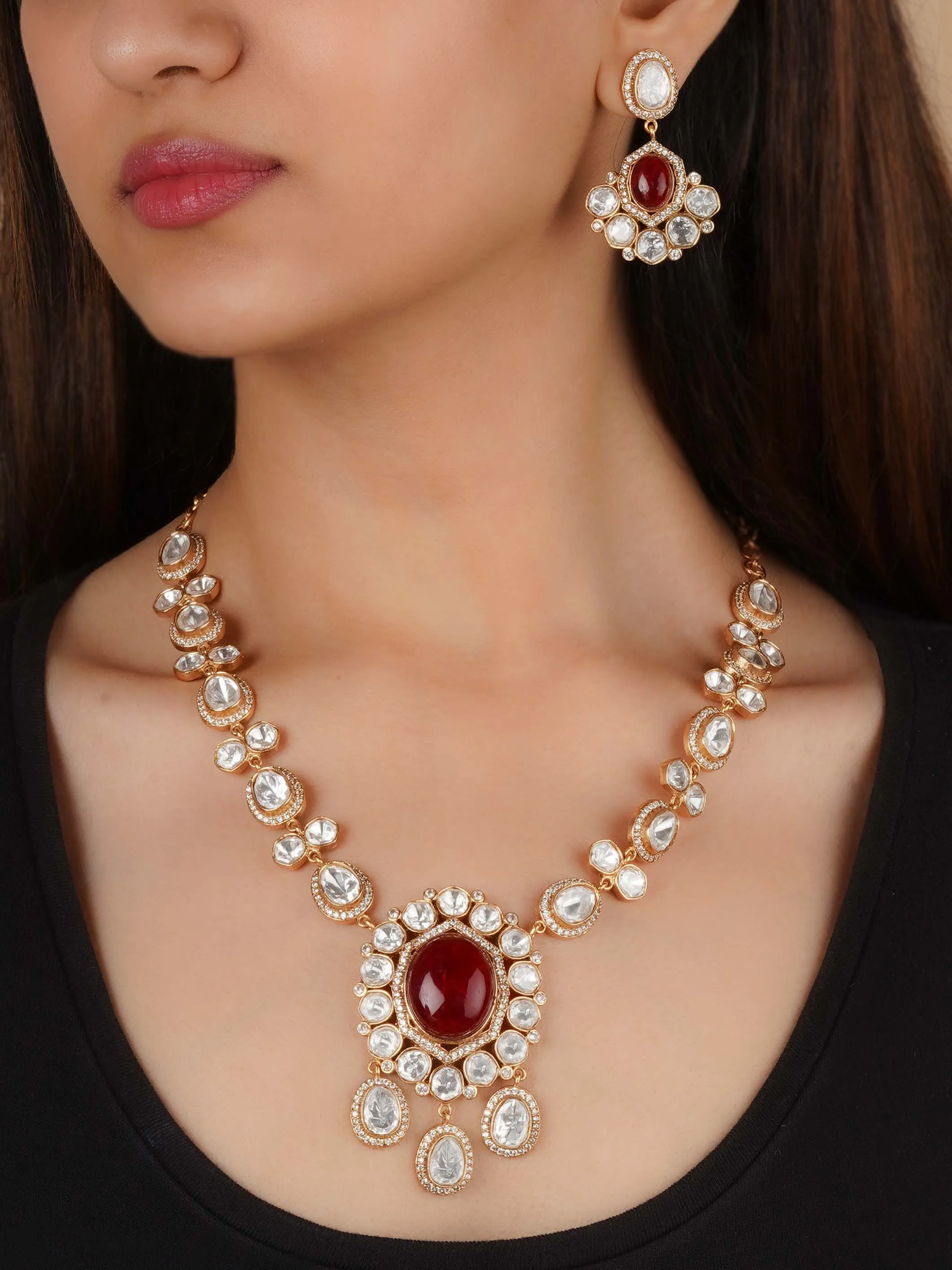 Gold Plated Faux Polki Necklace Set - PK-S199
