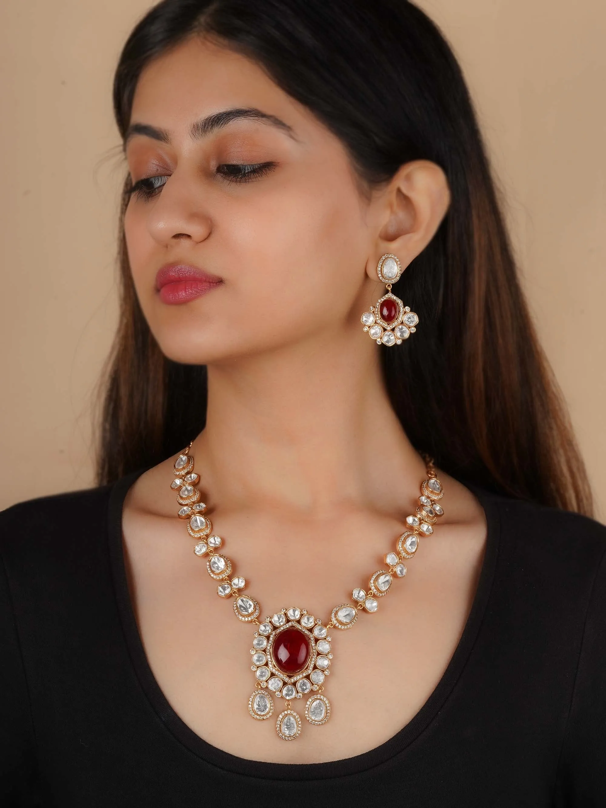 Gold Plated Faux Polki Necklace Set - PK-S199