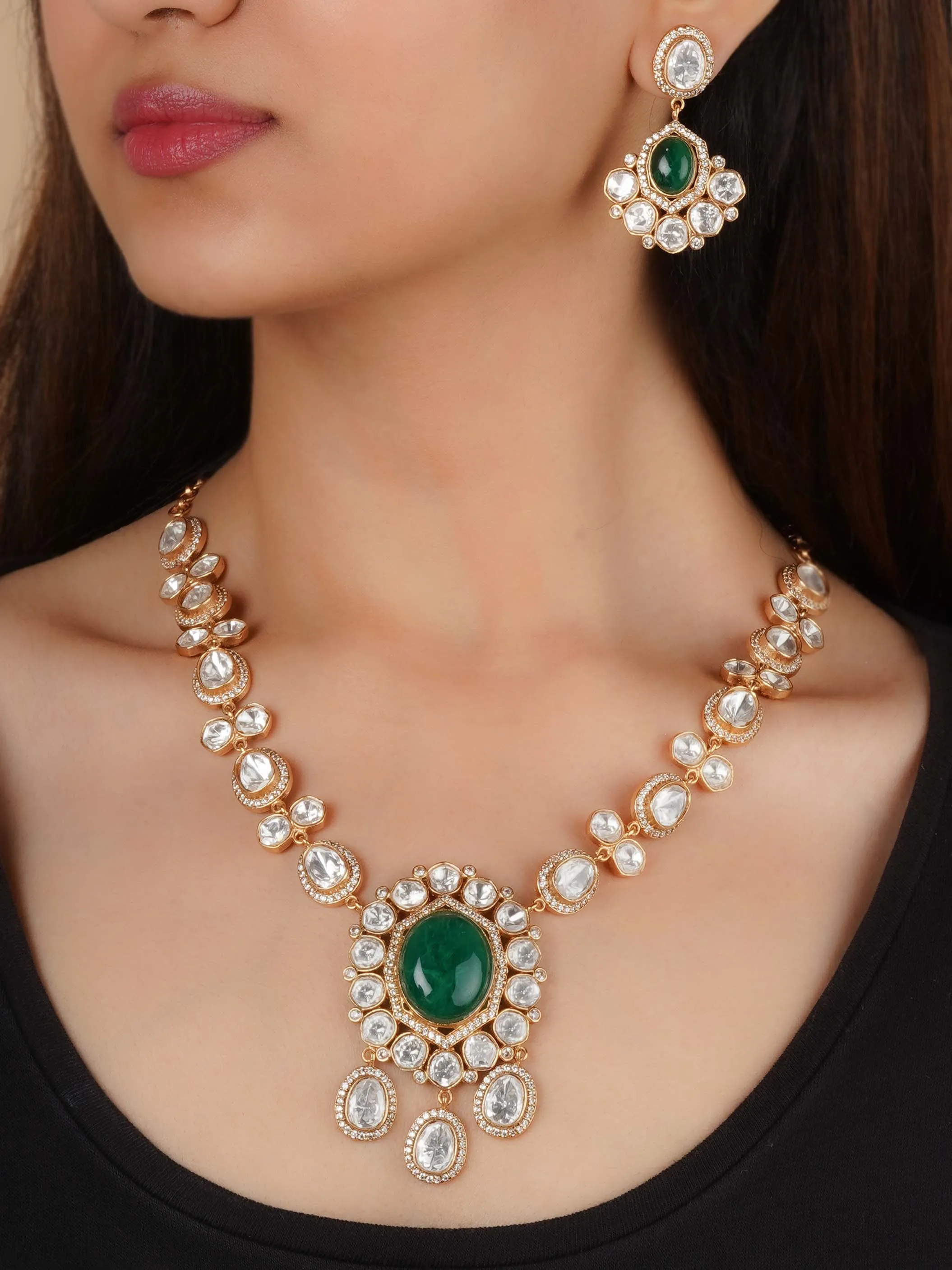 Gold Plated Faux Polki Necklace Set - PK-S199