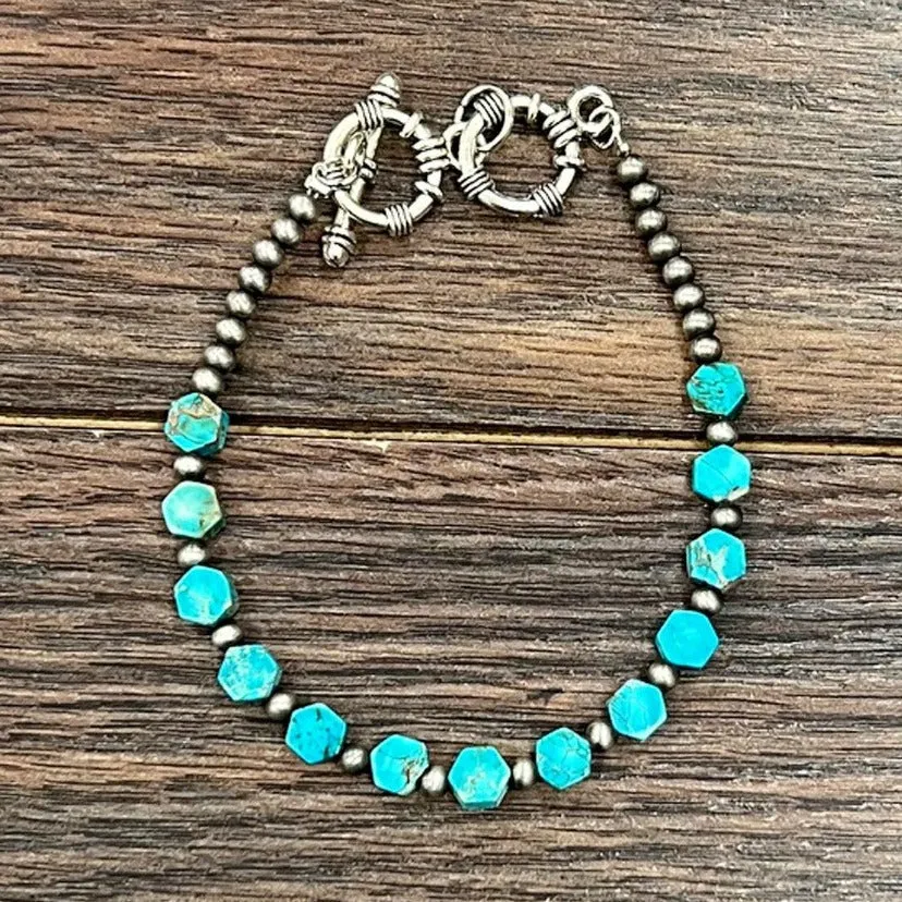 Hexa Gemstone & Navajo Inspired Pearl Adjustable Bracelet (3 Gemstone Variants Available)