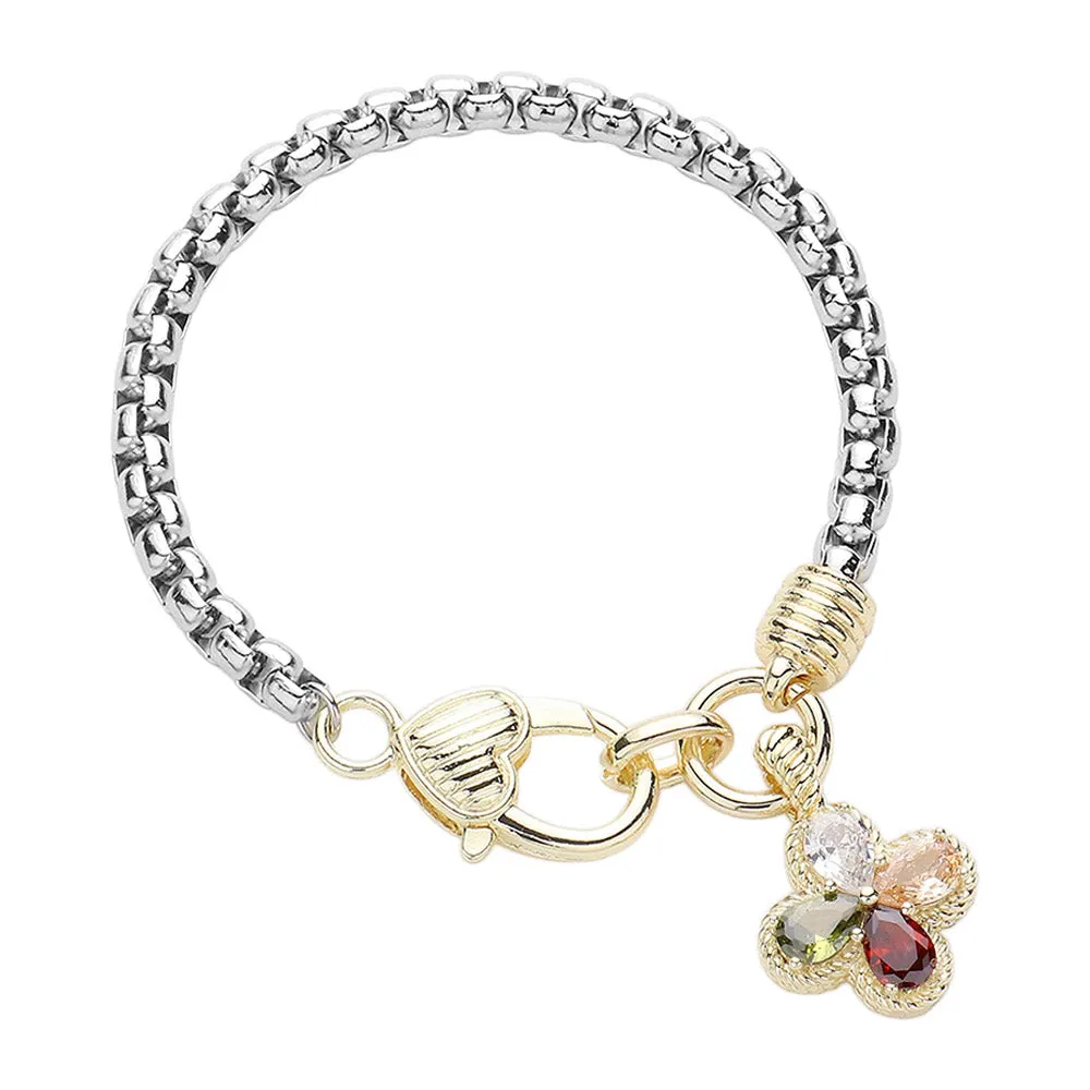 iLLASPARKZ 14K Gold Plated Two Tone CZ Stone Clover Charm Bracelet