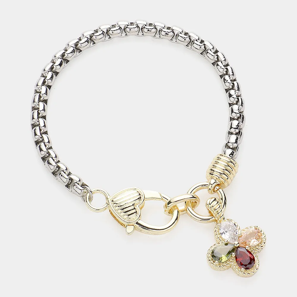 iLLASPARKZ 14K Gold Plated Two Tone CZ Stone Clover Charm Bracelet