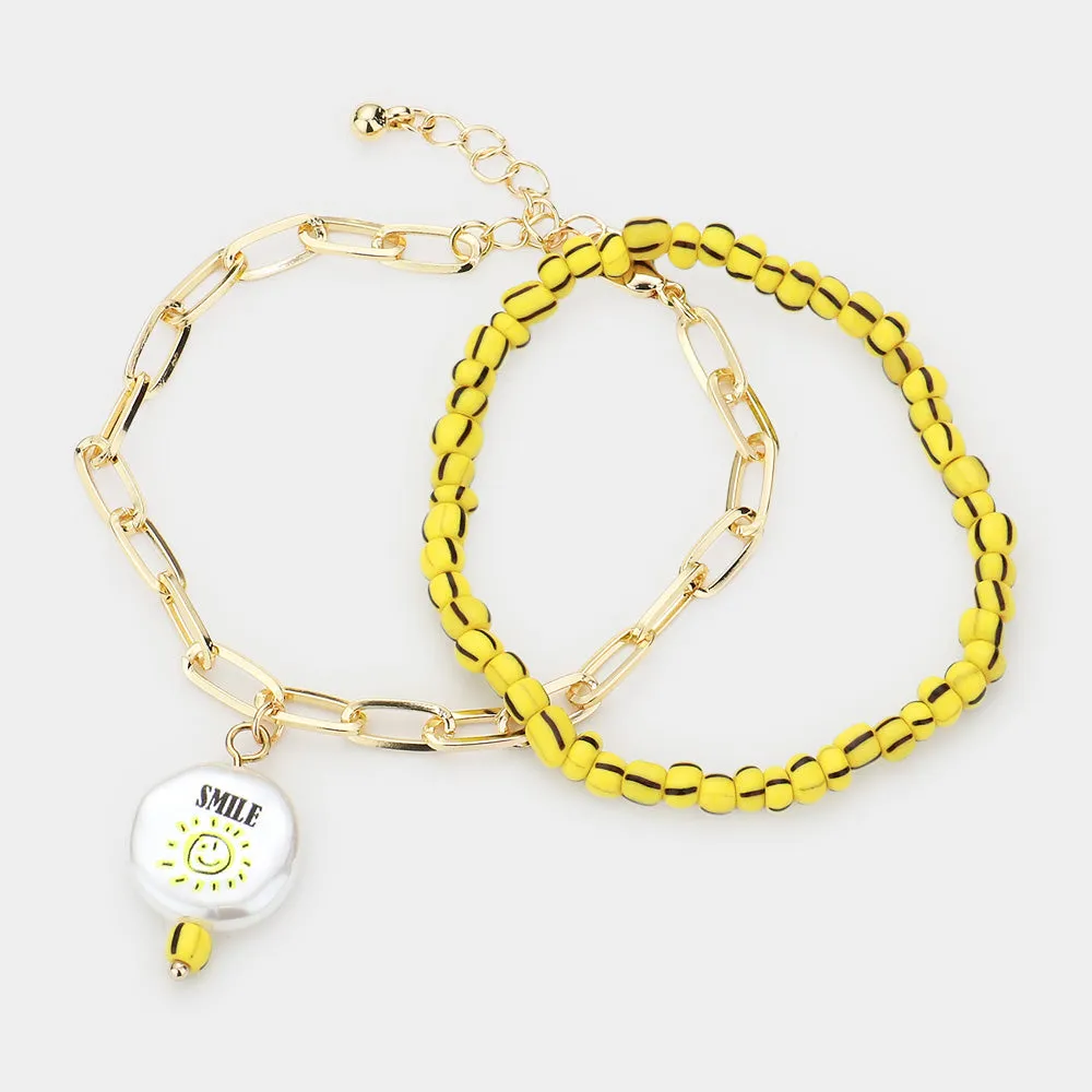 iLLASPARKZ 2PCS - Smile Sun Printed Freshwater Pearl Charm Bracelets