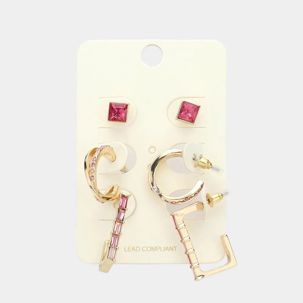 iLLASPARKZ 3Pairs - Stone Embellished Geometric Earrings