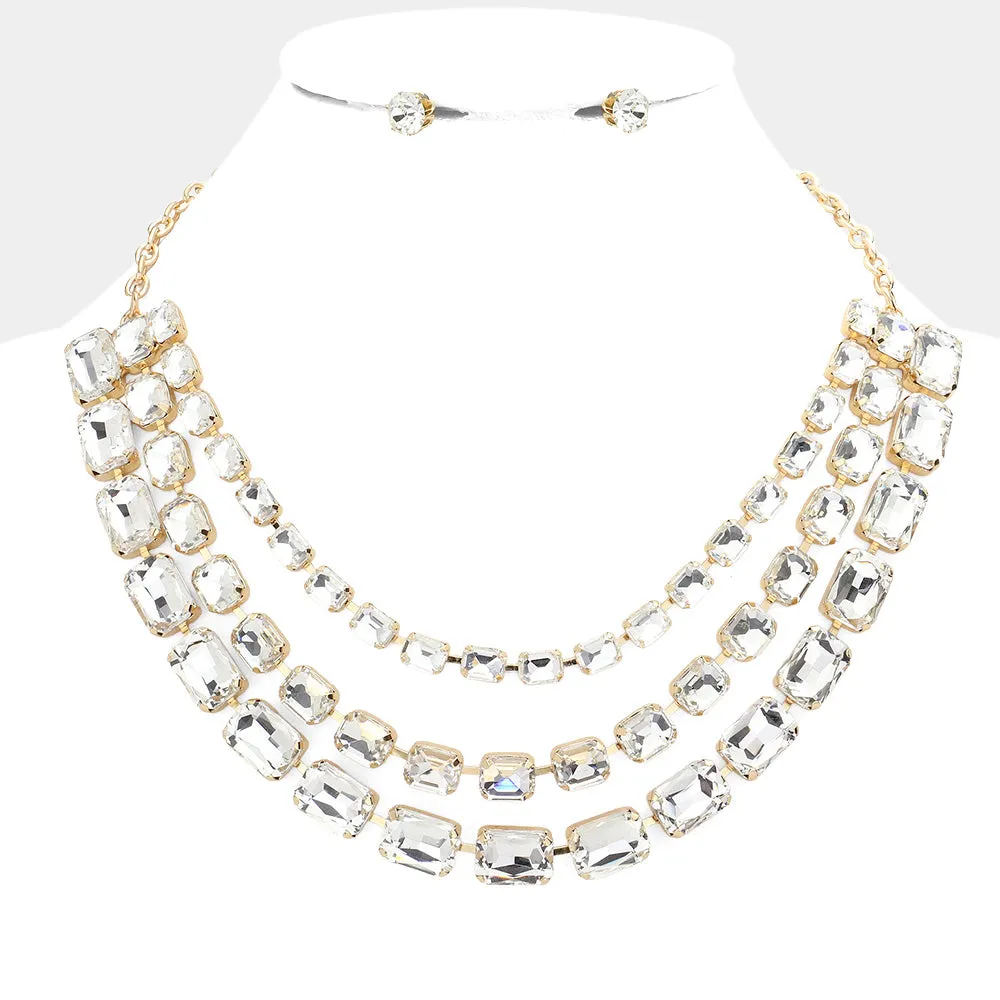 iLLASPARKZ Emerald Cut Stone Triple Layered Bib Necklace