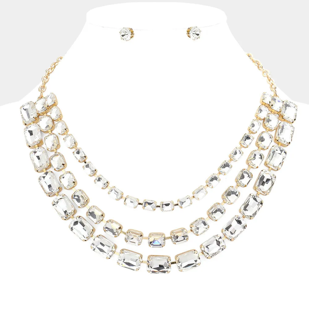 iLLASPARKZ Emerald Cut Stone Triple Layered Bib Necklace