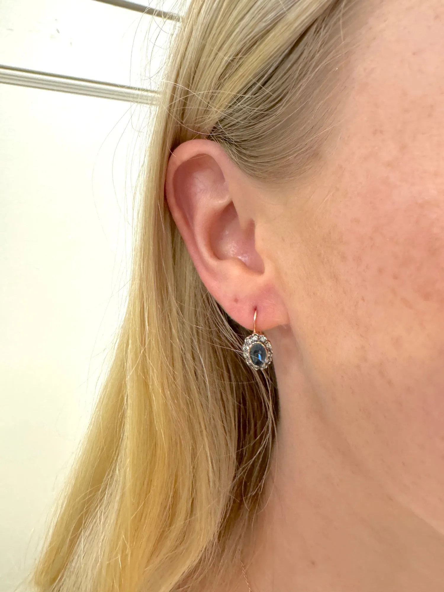 Italian Small Oval Rose Gold Earrings With Sapphire Centre