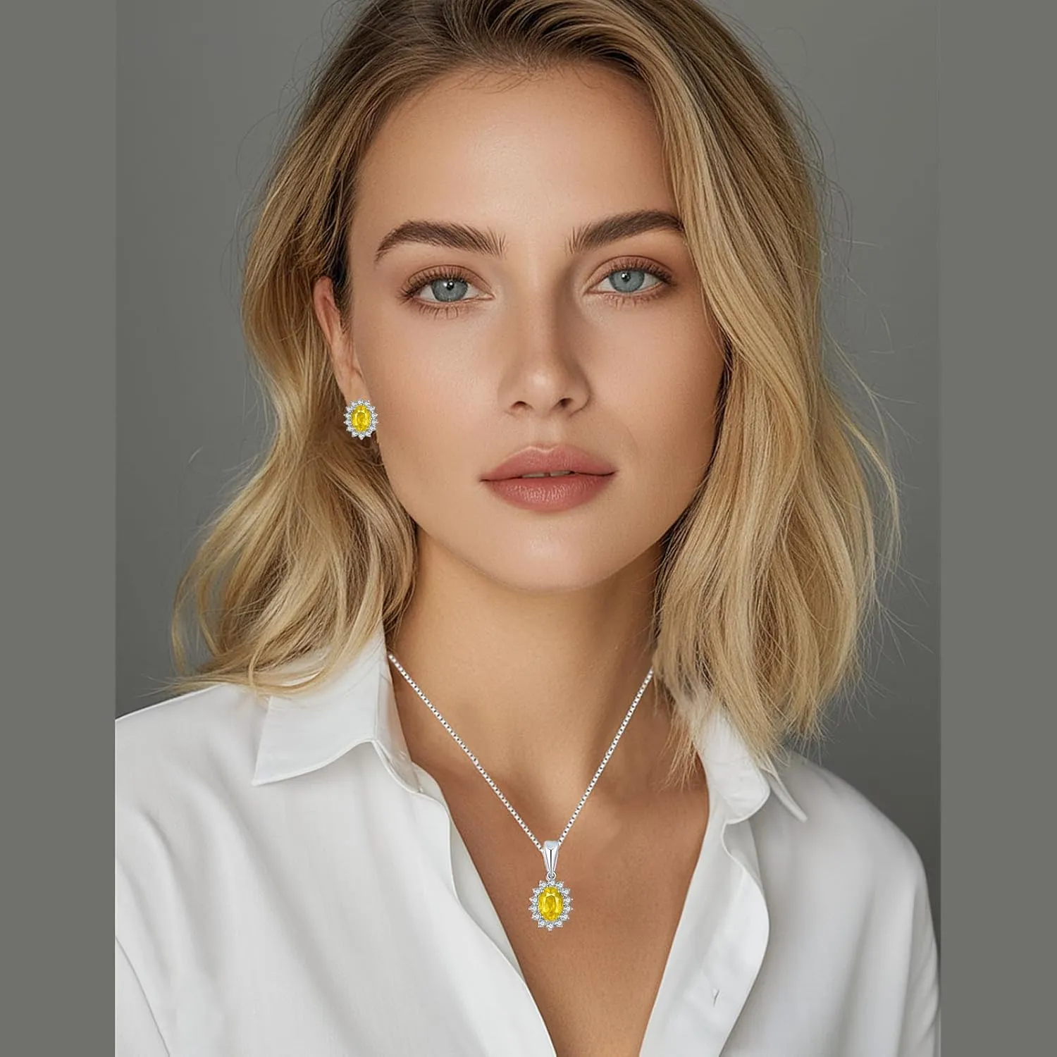 la luen S925 Silver Oval Gemstone Necklace Stud Earrings Diana Kate Middleton Class Gemstone Birthstone Sapphire Emerald Ruby Jewelry Set For Women Anniversary Wedding Birthday