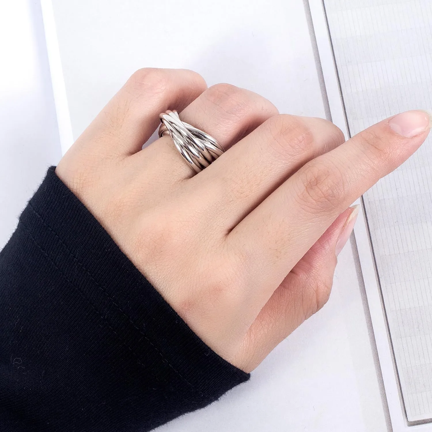 Minimalist 925 Sterling Silver Interlocking Silver Rings-Women Stacking Cross Rings in Silver/Gold-Three/Five/Nine Row Ring Size 5#-13#-Promise Ring Jewelry for Love Gift