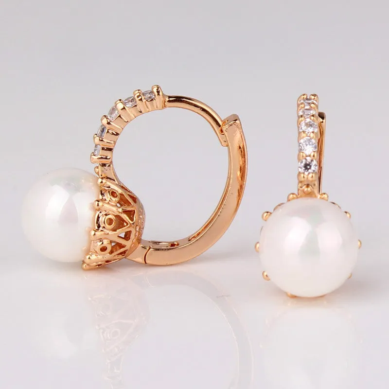 New Fashion Round Ball Crystal Zirconia Jewelry 18K Gold Plated Hoop Earrings White/Gray Pearl Wedding Earring for Women