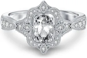 Platinum Plated 1.2 Carat (ctw) Moissanite Vintage Milgrain Halo Engagement Ring D Color VVS Clarity 925 Sterling Silver Bridal Ring