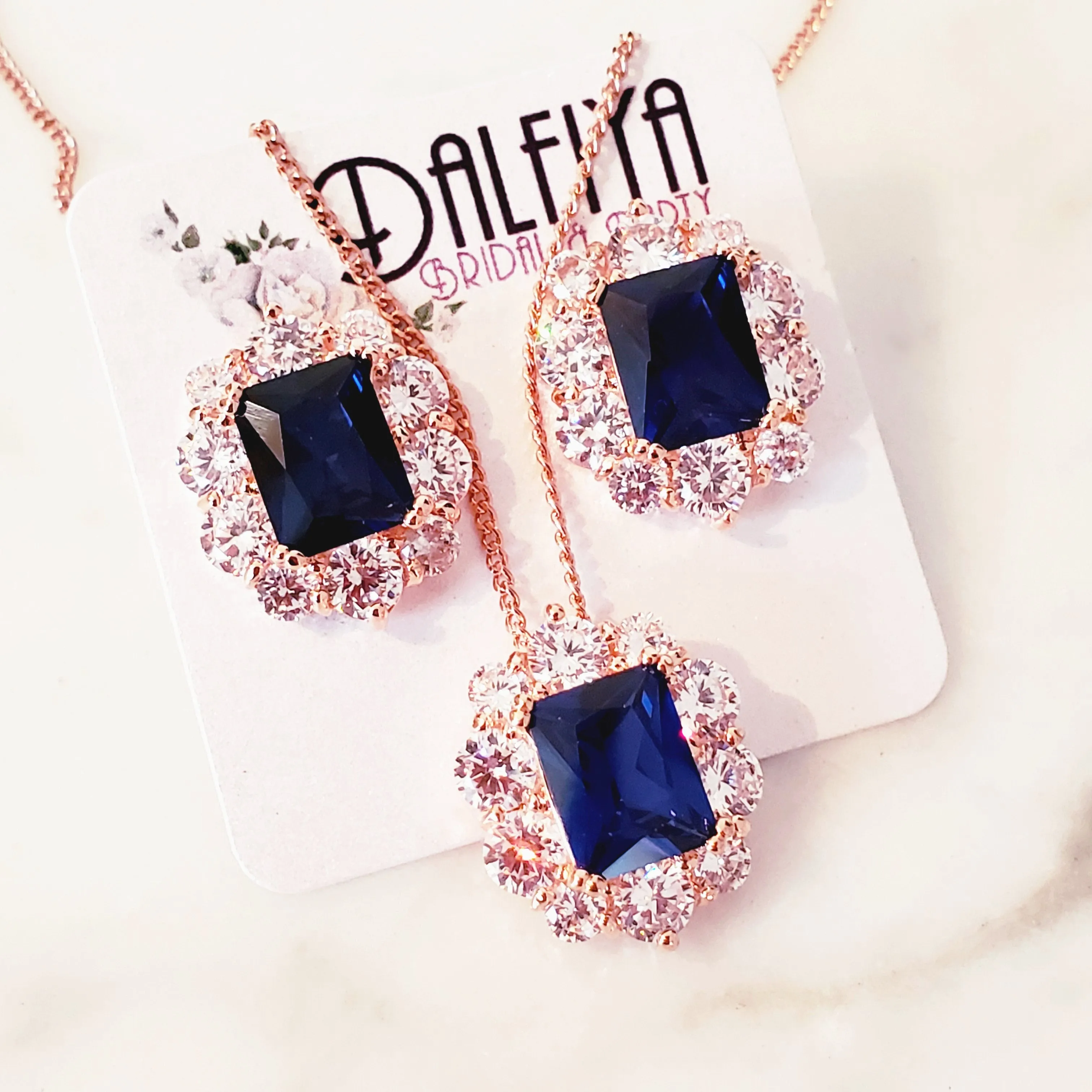 Sapphire Blue CZ Necklace and Stud Earrings Jewelry Set