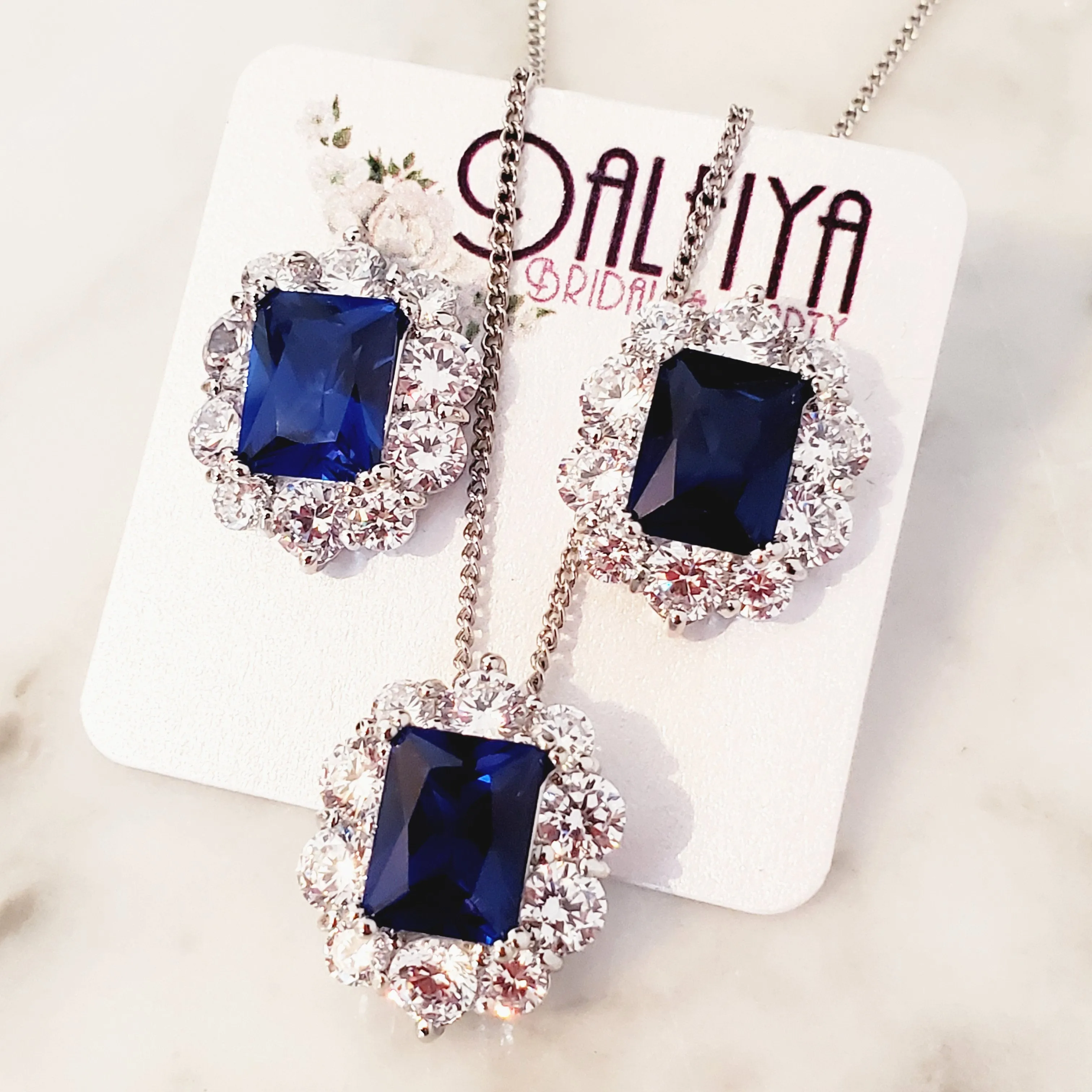 Sapphire Blue CZ Necklace and Stud Earrings Jewelry Set