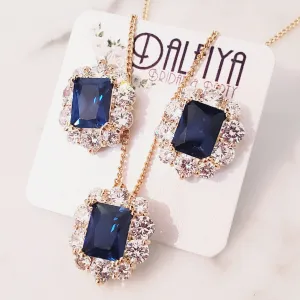 Sapphire Blue CZ Necklace and Stud Earrings Jewelry Set