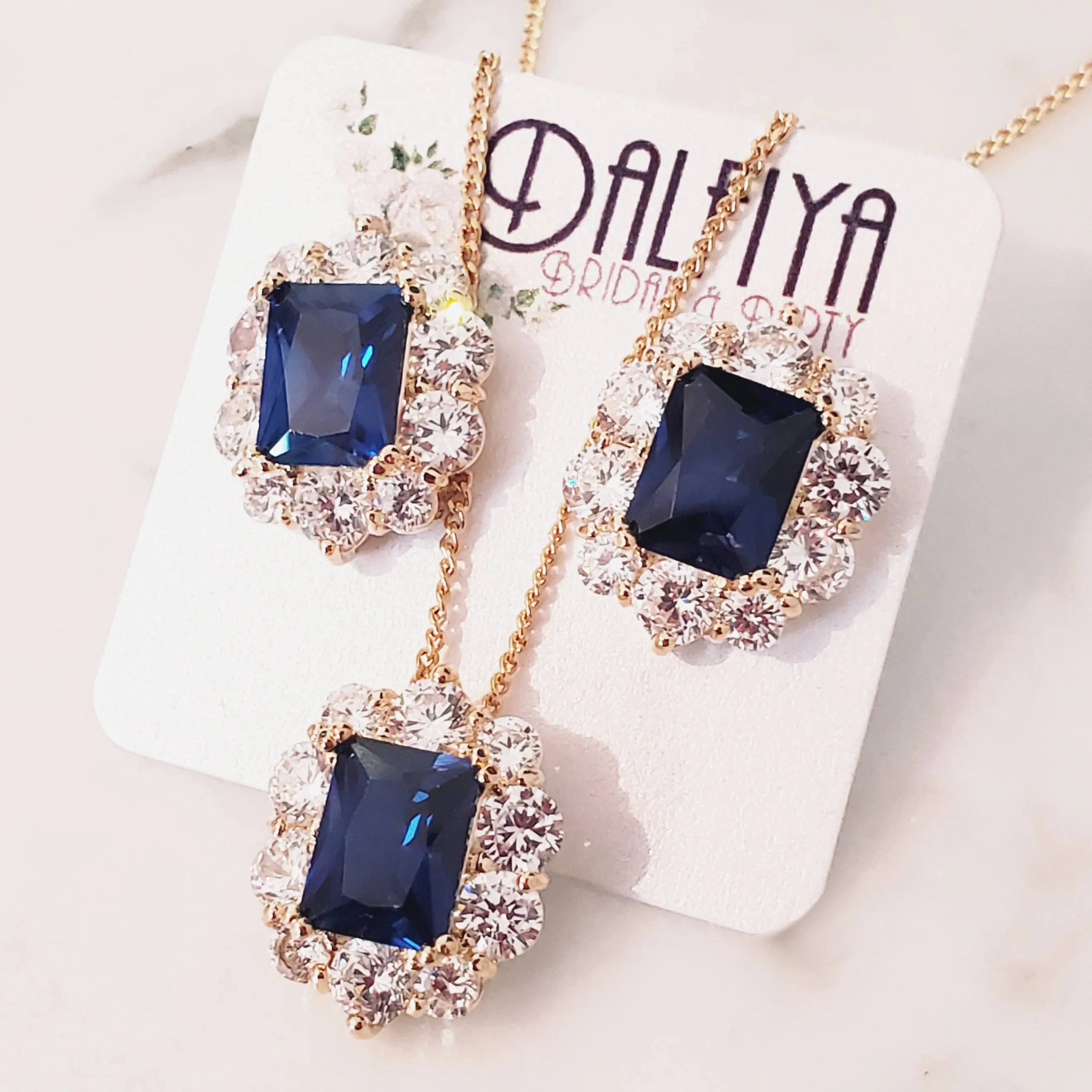 Sapphire Blue CZ Necklace and Stud Earrings Jewelry Set