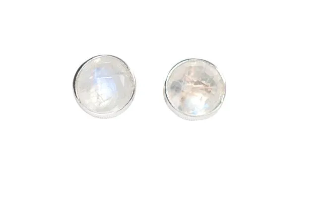 Sterling Silver Round Studs in Rainbow Moonstone