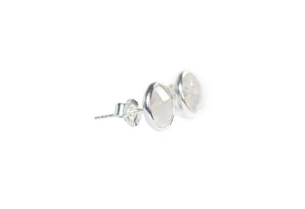 Sterling Silver Round Studs in Rainbow Moonstone