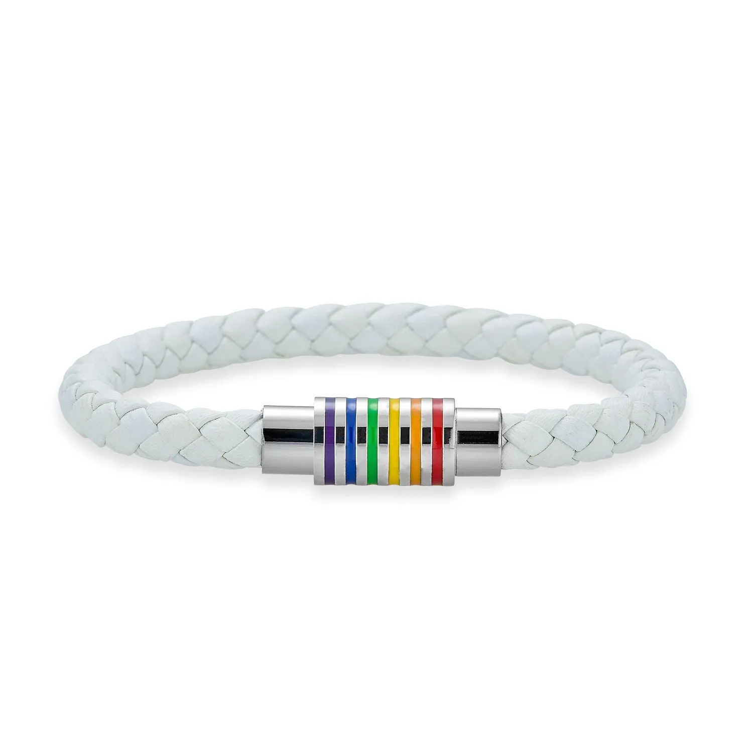 Striped Rainbow Flag Black Braided Leather LGBTQ Bracelet with Stainless Clasp
