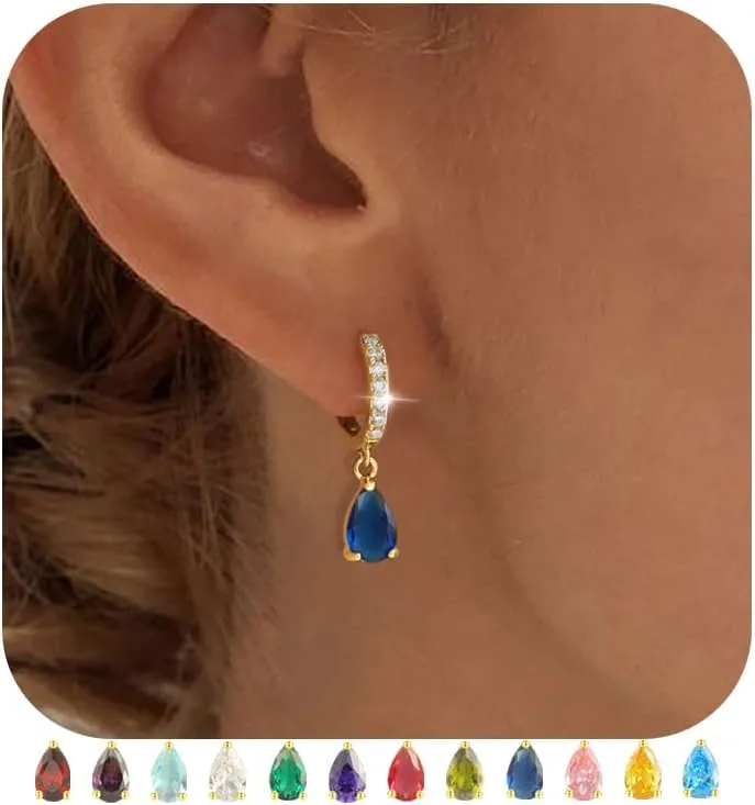 TOBENY Dangle Earrings for Women Trendy 14K Gold Plated Hypoallergenic Drop Hoop Earrings Dainty Diamond Green Emerald Birthstone Huggie Earrings for Birthday Gifts