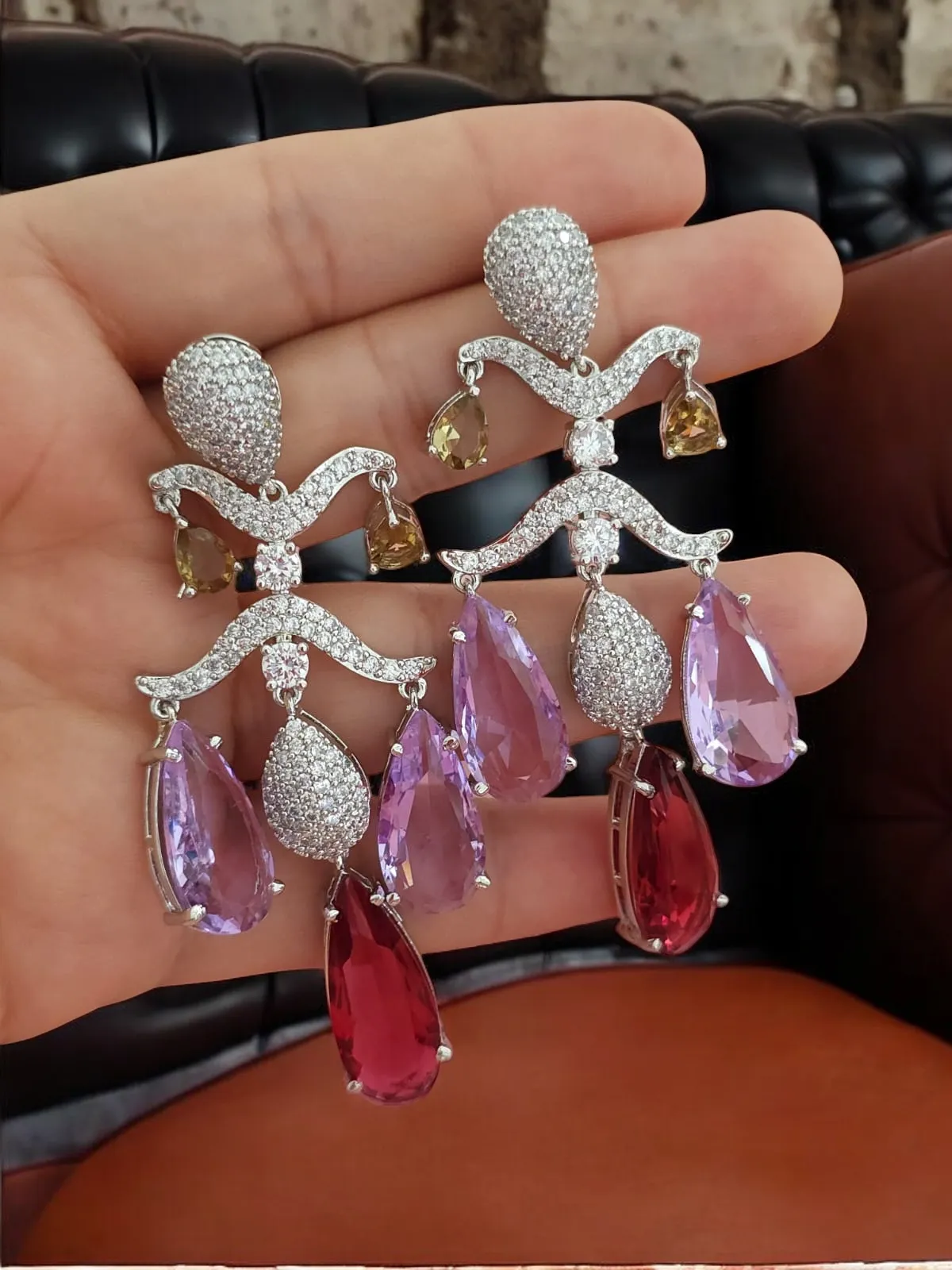 Vibrant Drops American Diamond Indian Earrings Set, AD Drops Earring, CZ Bridal Earrings, Pakistani AD Earring Set, Indian AD Jewelry Set, Wedding CZ Earring Set, Bollywood AD Earrings Set