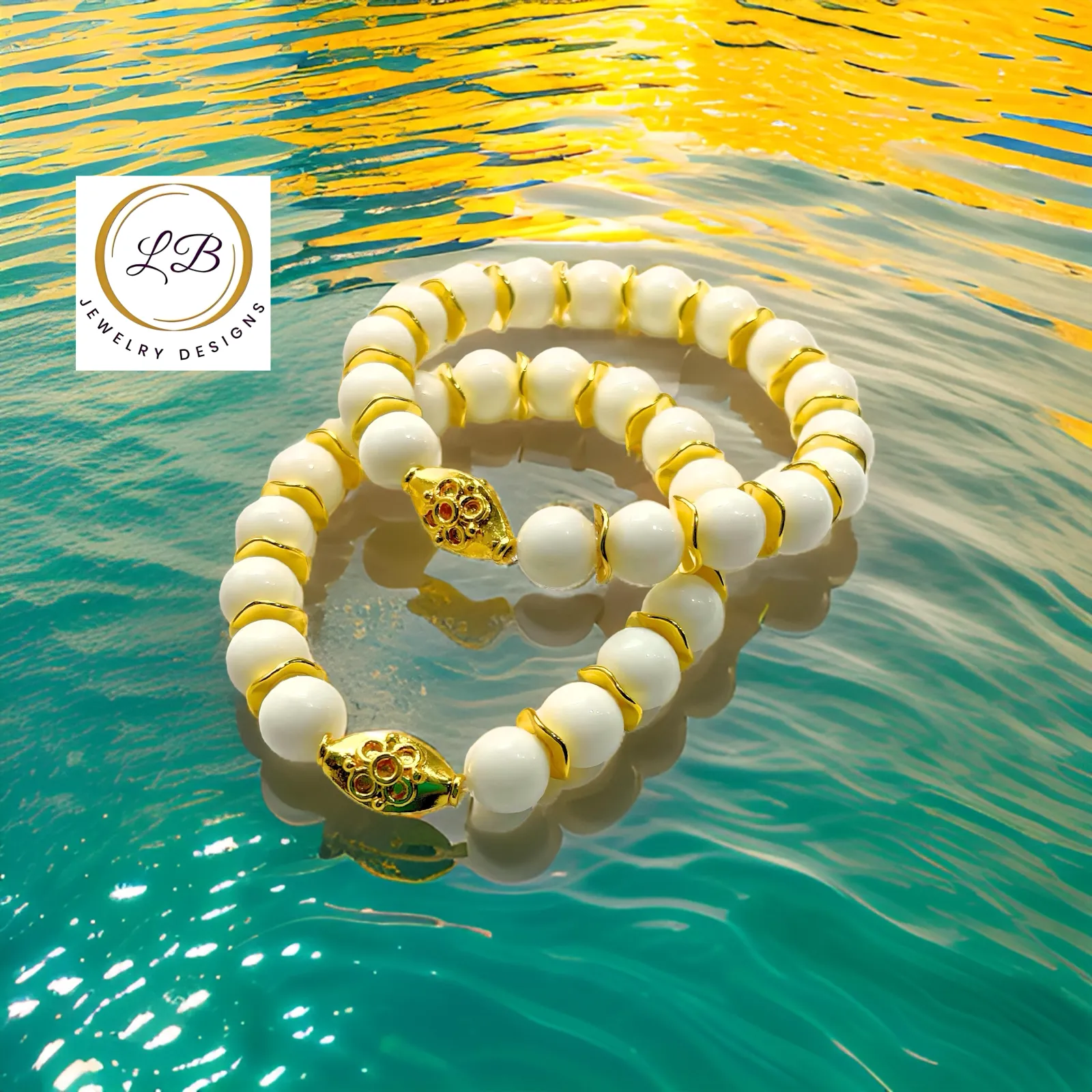 White Alabaster Gemstones 18k Gold Beaded Bracelet